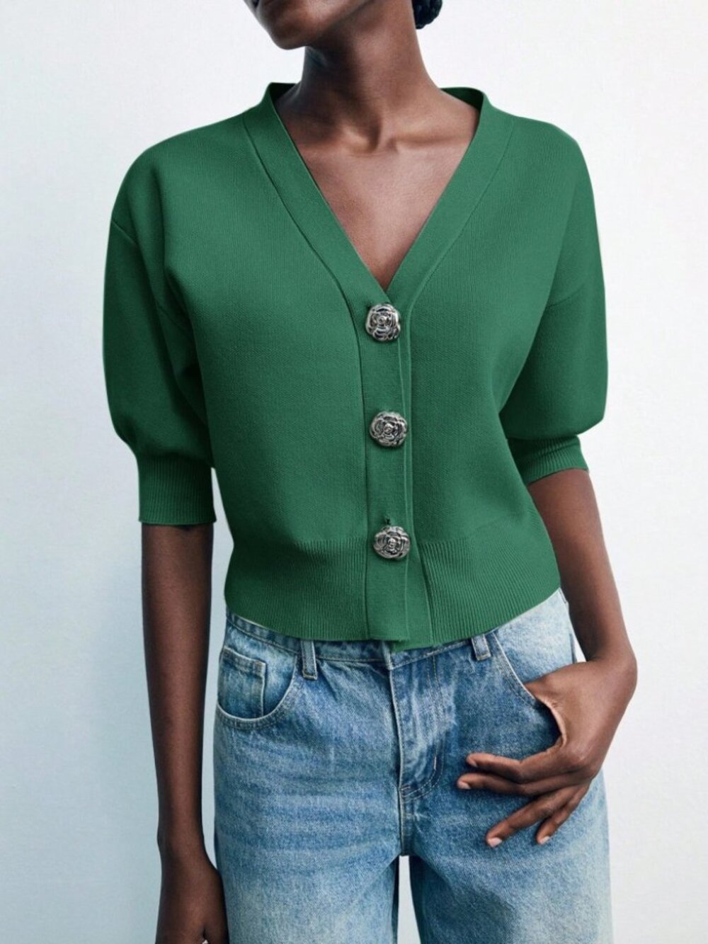 Sage Green Ribbed Knit Cardigan with Ornate Buttons